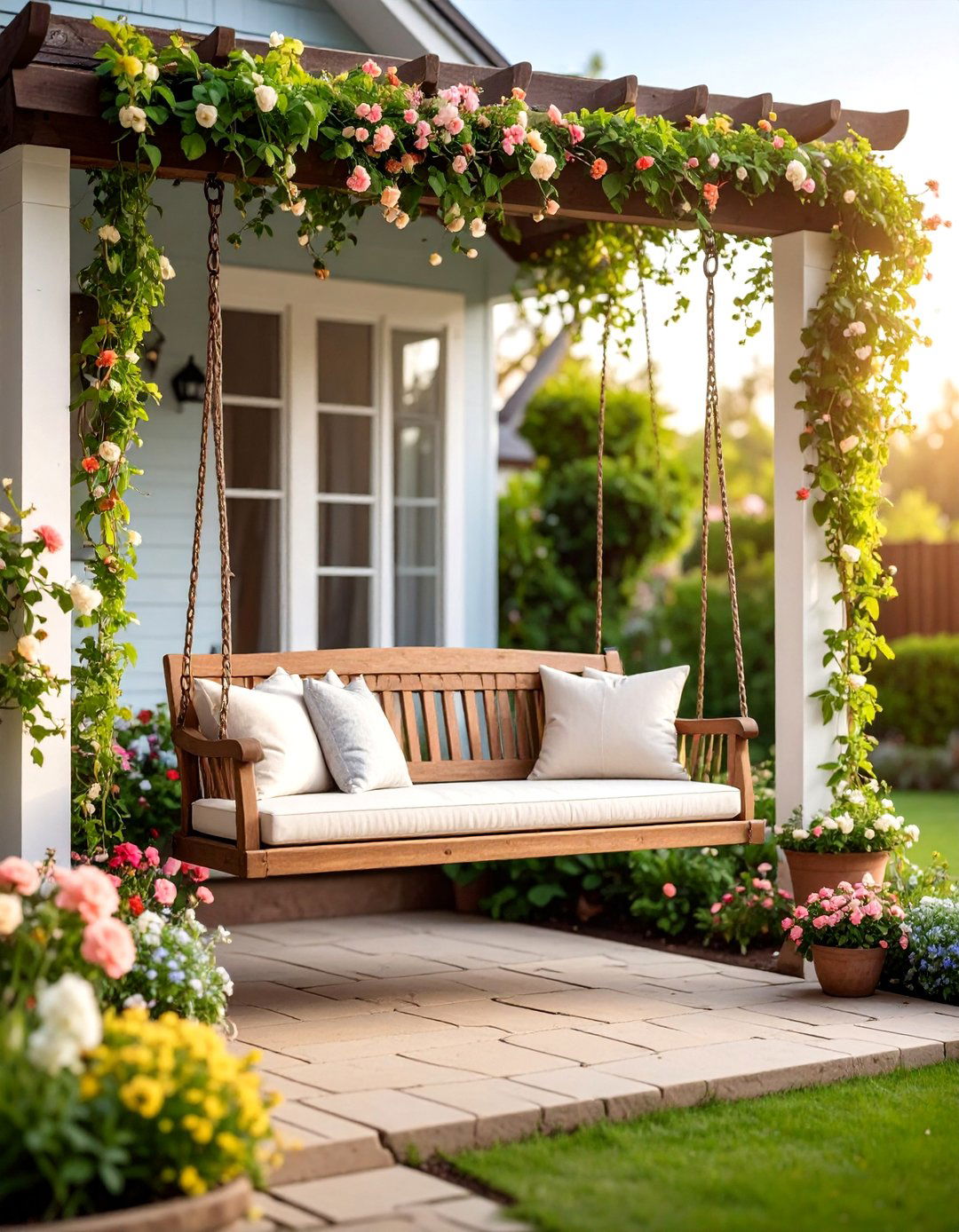 Country Garden Porch Swing with Floral Trellis Backdrop - 25 Front Porch Swing Ideas