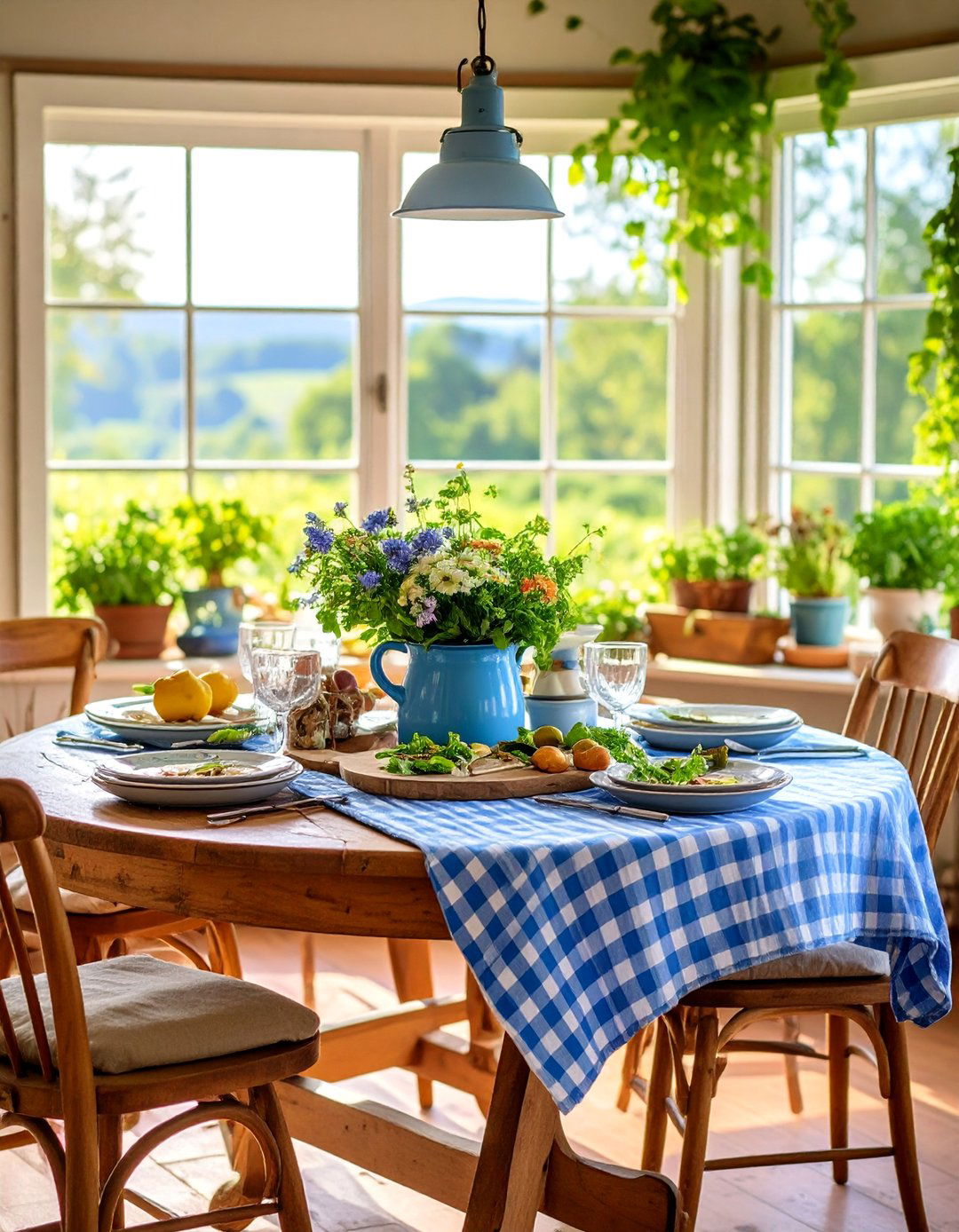 Country Kitchen Round Table with Vintage Enamelware and Herbs - 25 Round Table Decor Ideas