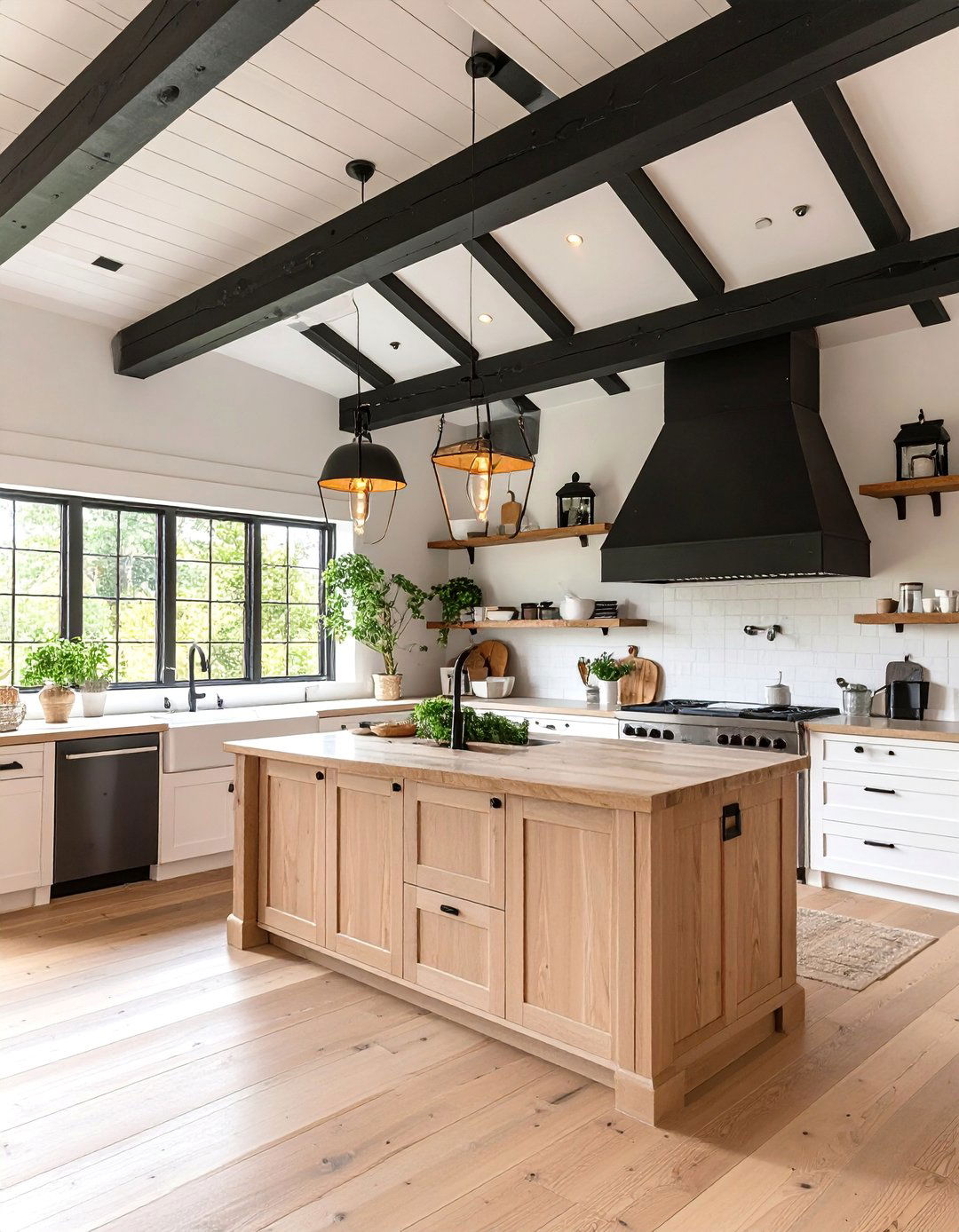 Country Kitchen with Black Exposed Rafter Ceiling - 25 Black Ceiling Design Ideas