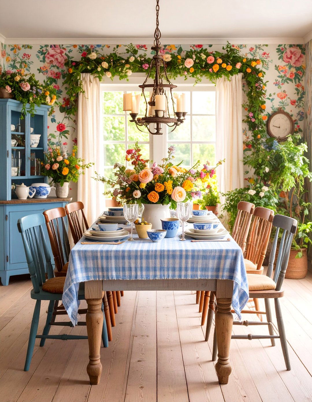 Country Rustic Dining Room with Traditional Floral Patterns - 25 Rustic Dining Room Ideas
