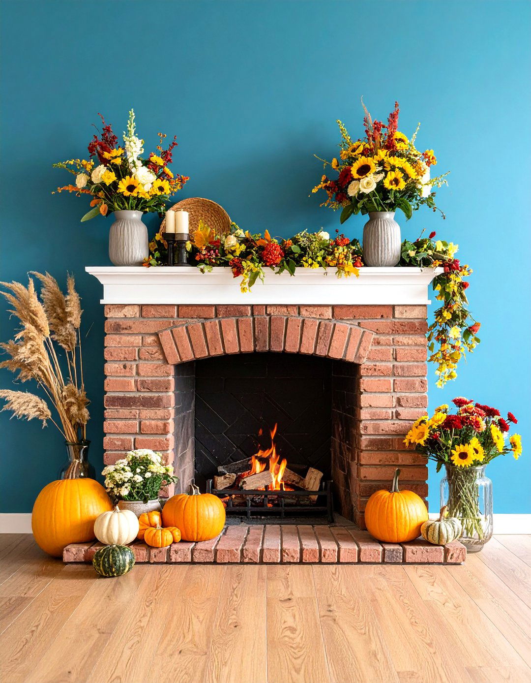 Country Style Brick Fireplace with Seasonal Mantel Decor - 25 Rustic Living Room With a Brick Fireplace Ideas