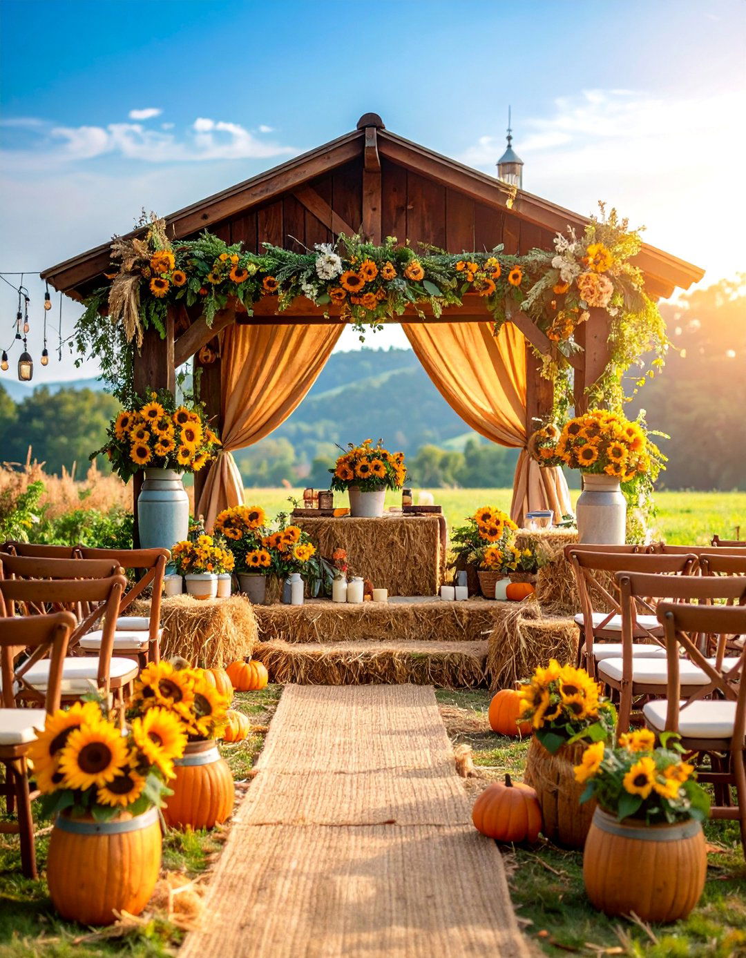 Country Wedding Altar with Hay Bales and Sunflowers - 25 Wedding Altar Ideas
