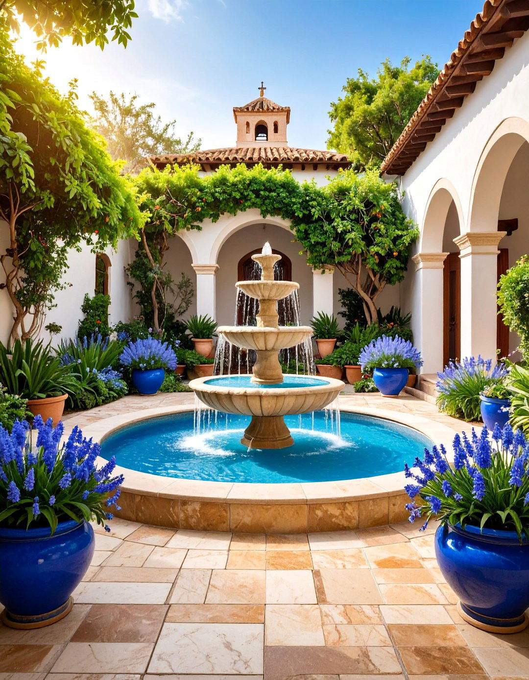 Courtyard Fountain Garden with Marble Accents - 25 Greek Garden Ideas