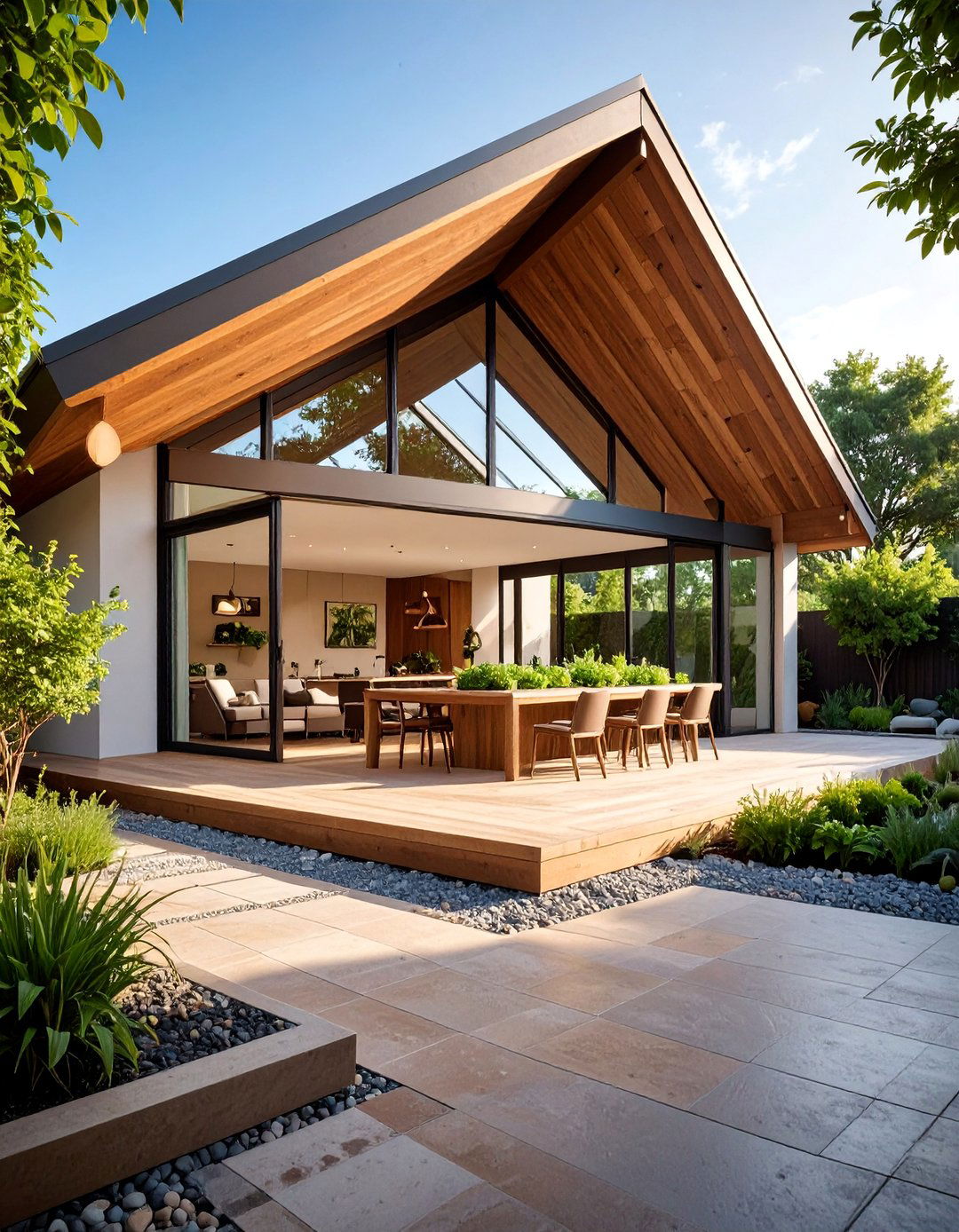 Courtyard Linking Double Gable Patio Roof - 25 Gable Patio Roof Design Ideas