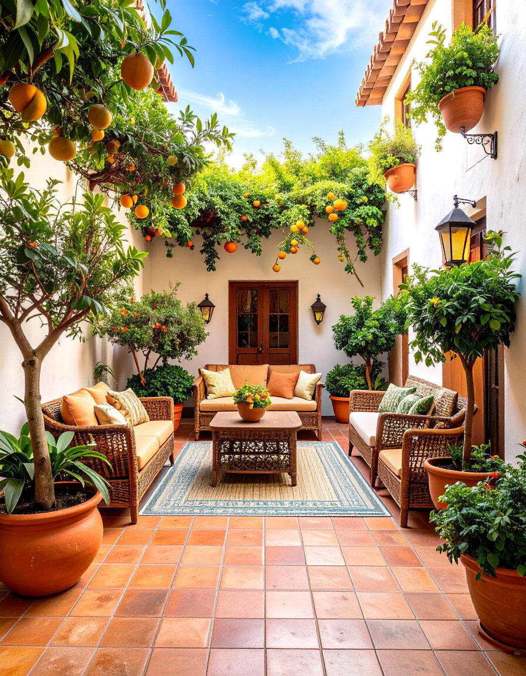 Courtyard Style Living Room with Indoor Plants - 25 Spanish Style Living Room Ideas