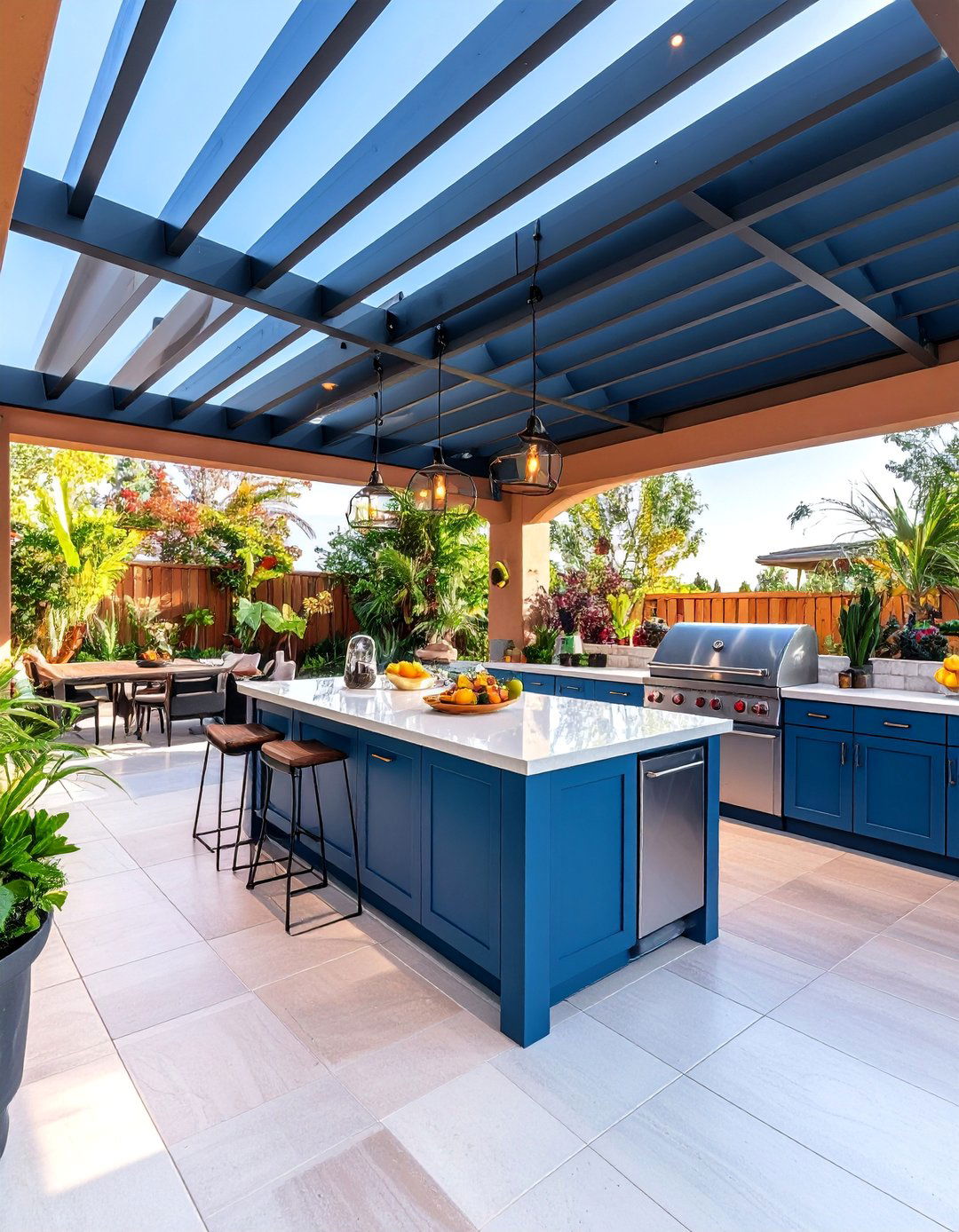 Covered Outdoor Kitchen with Steel Pergola - 25 Modern Backyard Ideas