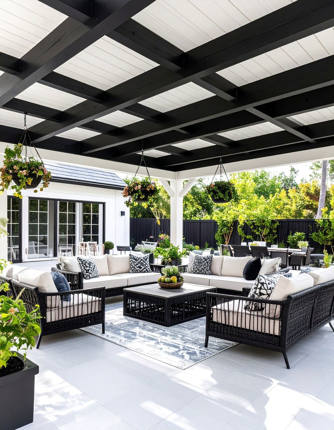 Covered Patio with Black and White Ceiling Design - 25 Black and White Patio Ideas