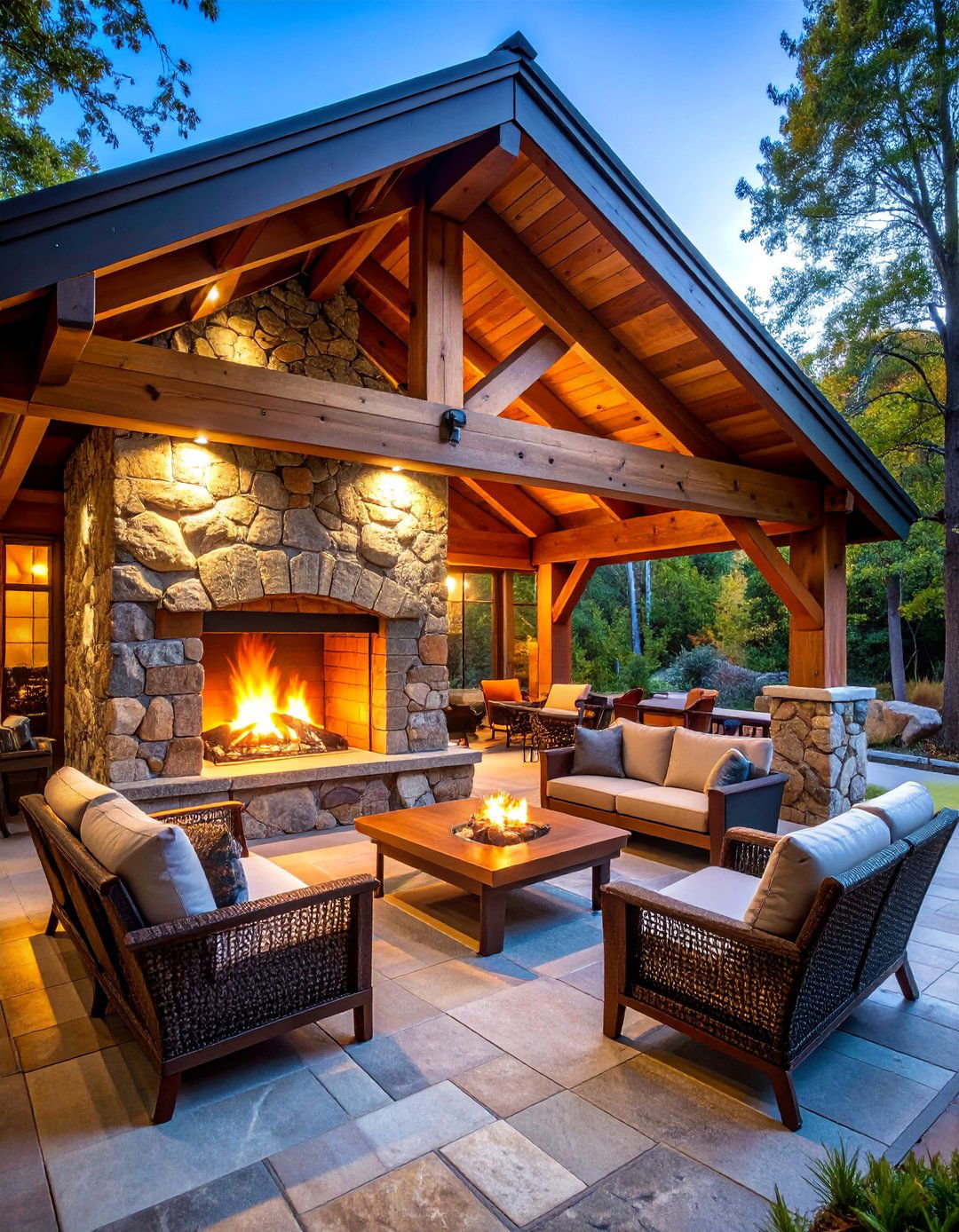Covered Pavilion Fireplace with Exposed Beams - 25 Rustic Outdoor Fireplace Ideas