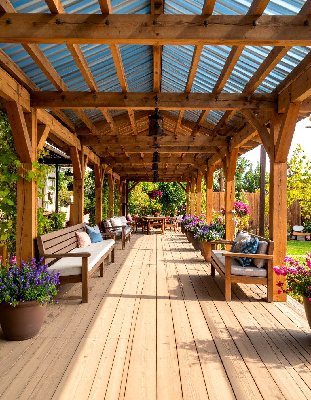 Covered Walkway Patio with Pergola Extensions - 25 Farmhouse Patio Ideas