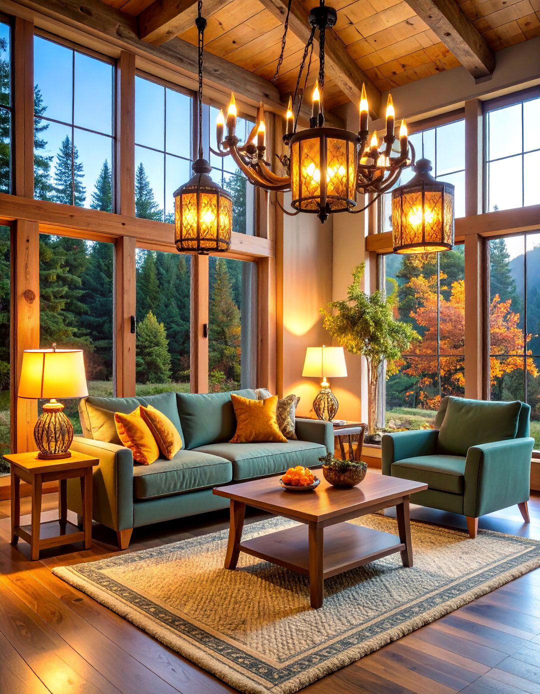 Cozy Cabin Living Room with Rustic Wood and Warm Metal Accents - 25 Living Room Lighting Ideas