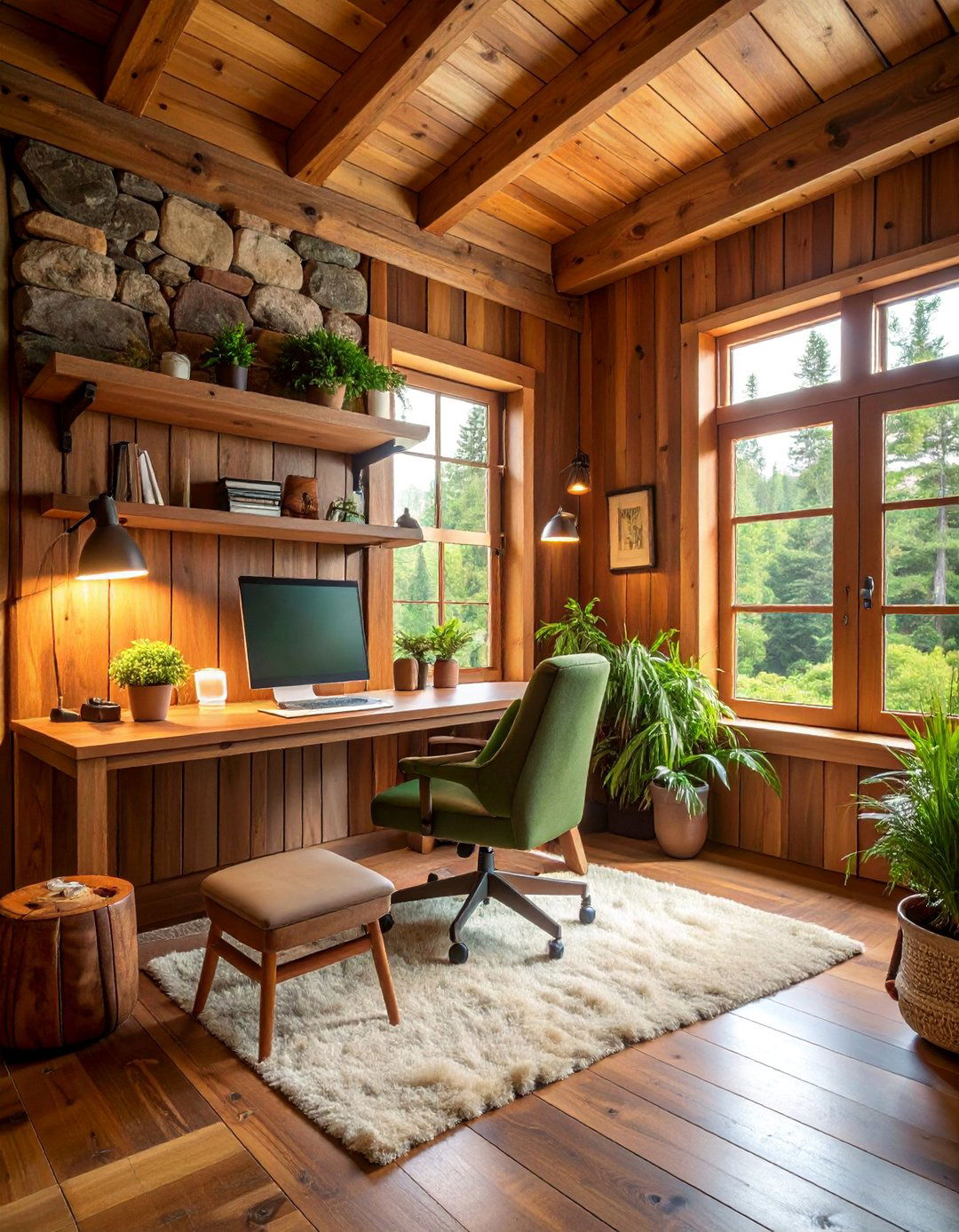 Cozy Cabin Workspace with Natural Materials - 25 Home Office Background Ideas