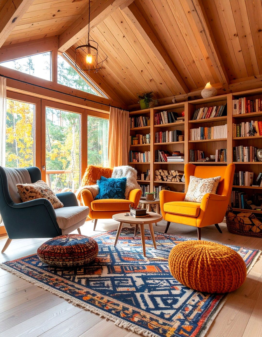 Cozy Cabin with Reading Nook and Intimate Seating Areas - 25 One Room Cabin Interior Design Ideas