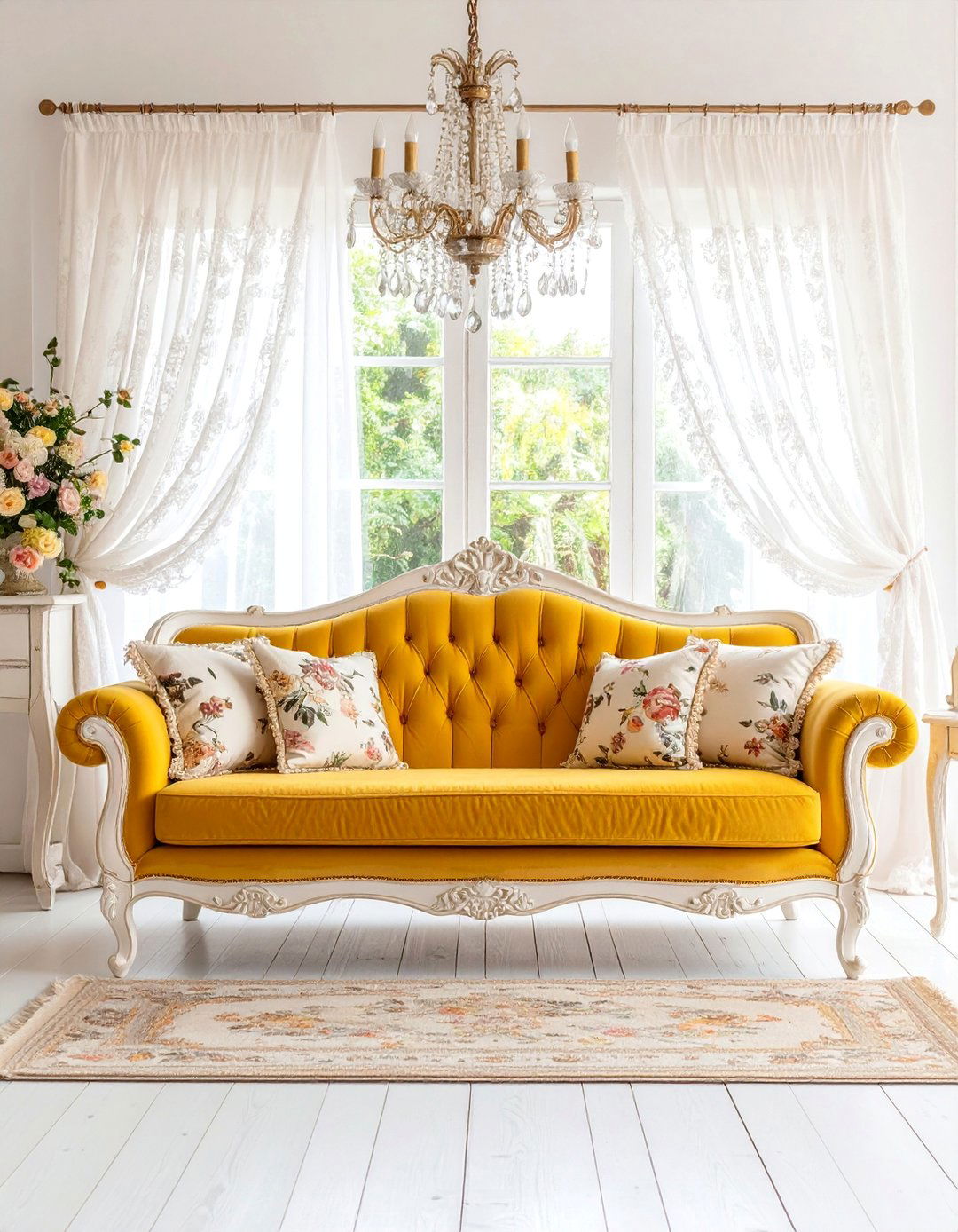 Cozy Cottage Style Honey Yellow Sofa with Floral Patterns - 25 Yellow Couch Living Room Ideas