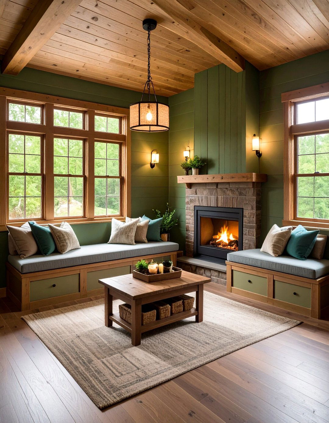 Cozy Electric Fireplace Nook with Built In Window Seating - 25 Basement Fireplace Ideas