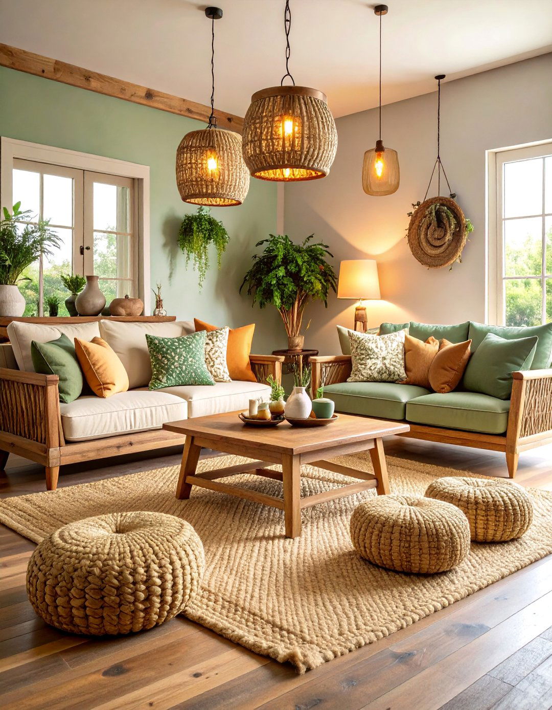 Cozy Farmhouse Living Room with Braided Jute Rug - 25 Living Room Rug Ideas