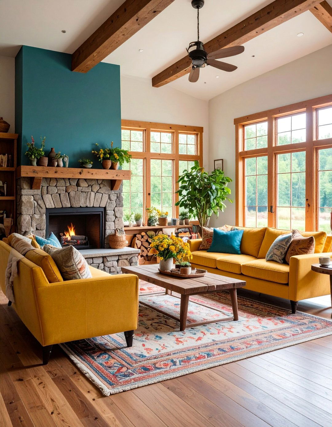 Cozy Lake House with Stone Fireplace Centerpiece - 25 Lake House Decorating Ideas