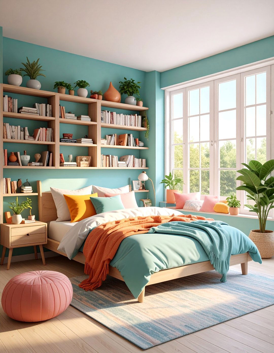 Cozy Reading Corner Boho Bedroom with Built in Bookshelf and Window Seat - 25 Girls Boho Bedroom Ideas