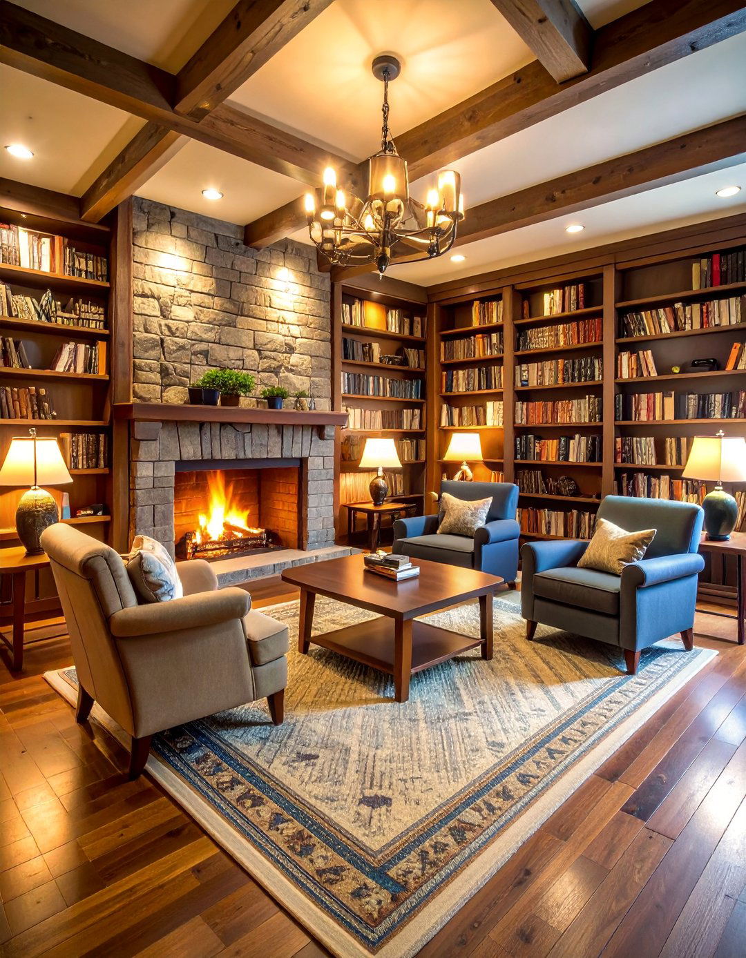 Cozy Reading Library with Floor to Ceiling Books - 25 Basement Ideas