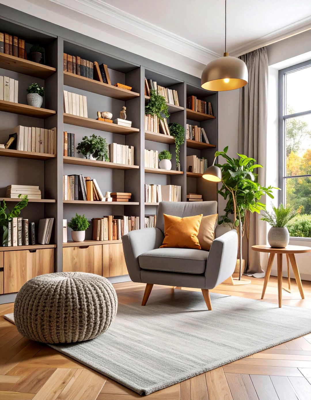 Cozy Reading Nook Living Room with Built in Shelving - 25 living room grey walls black trim