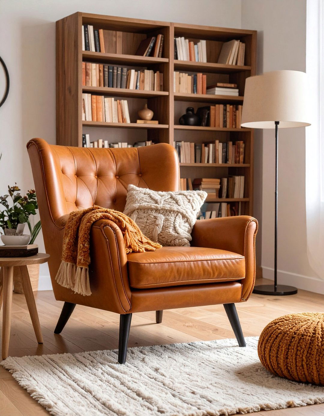 Cozy Reading Nook with Leather Wingback Chair - 25 Black and Brown Interior Design Ideas
