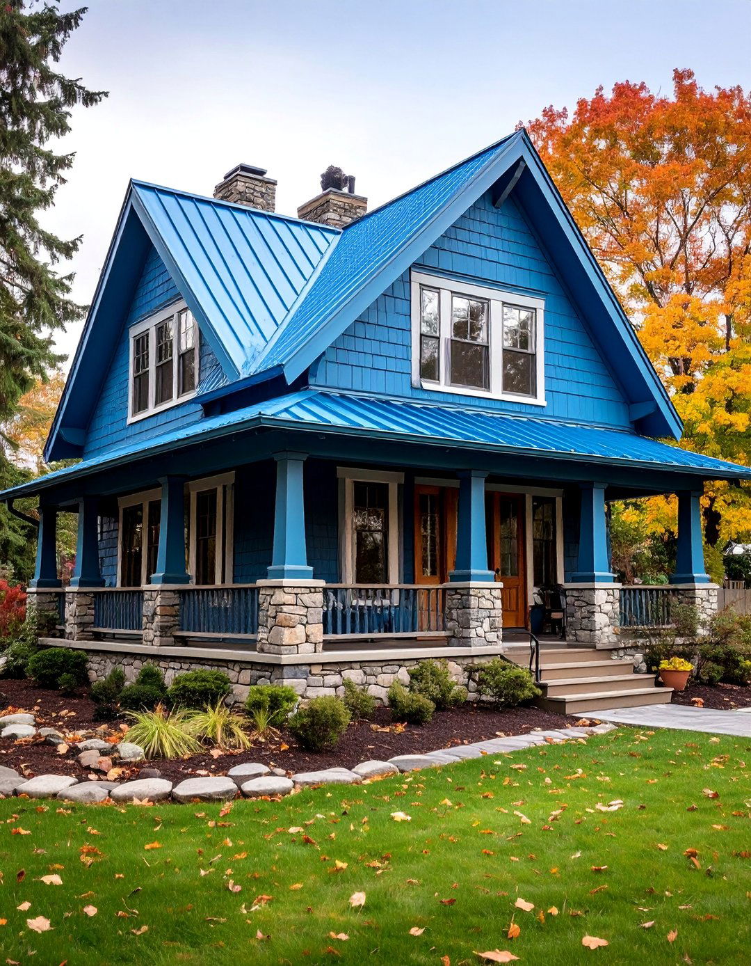 Craftsman Blue Metal Roof Bungalow with River Rock Foundation - 25 houses with blue metal roofs