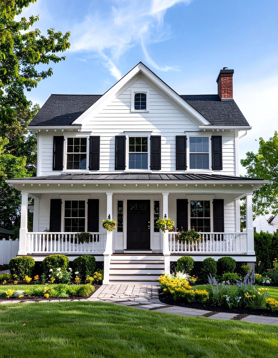Craftsman Bungalow with Black Shutters and Trim - 25 single story white house black trim