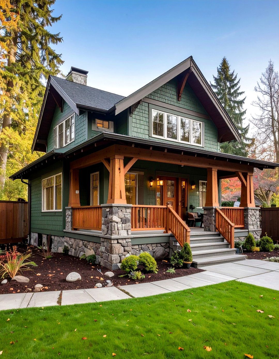 Craftsman Bungalow with Exposed Beams - 25 Dark Olive Green House Designs