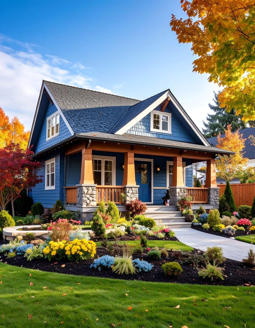 Craftsman Bungalow with Grey Siding and Slate Blue Door - 25 Grey House With Blue Door Ideas