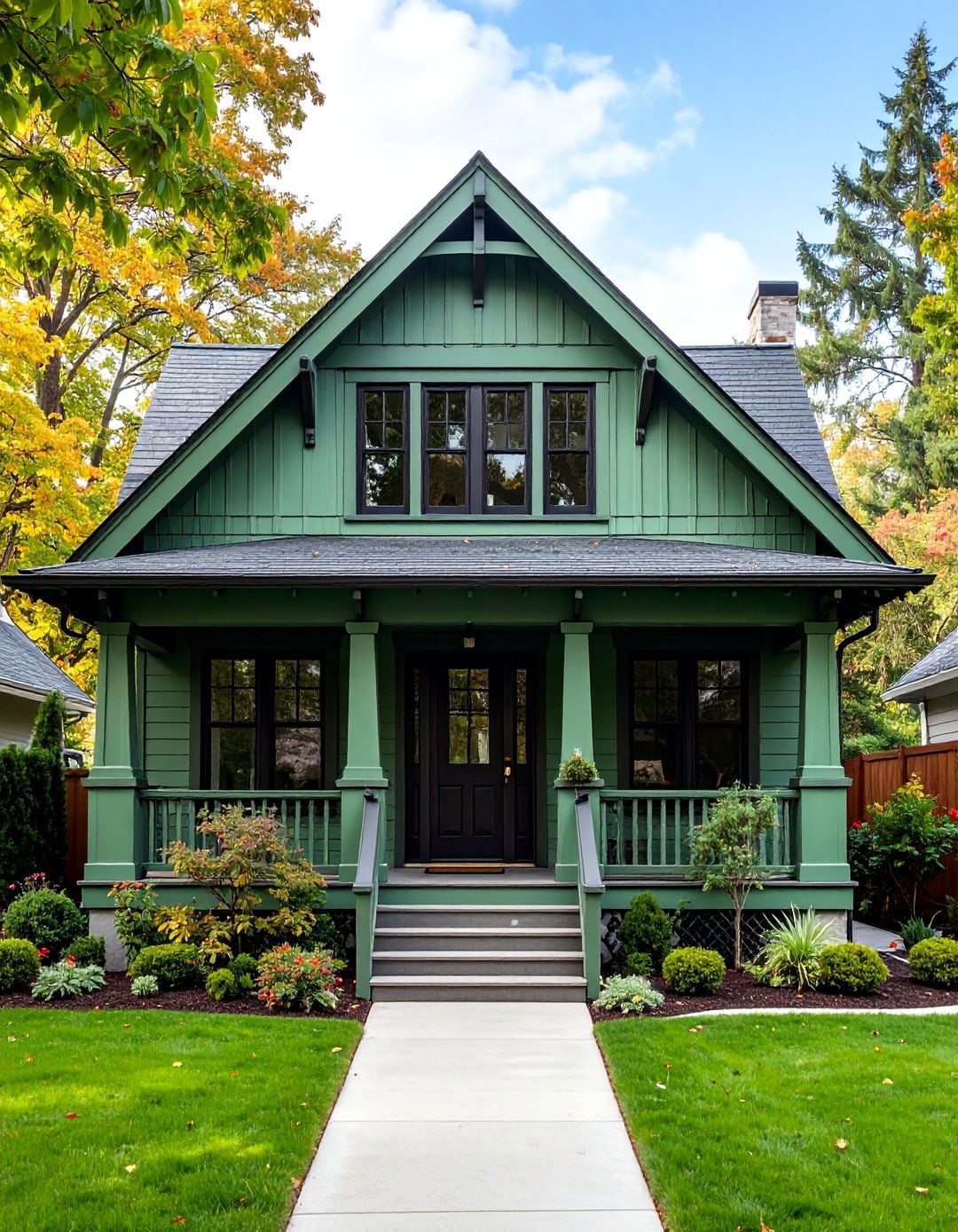 Craftsman Bungalow with Sage Green and Black Window Muntins - 25 Sage Green House With Black Trim Ideas