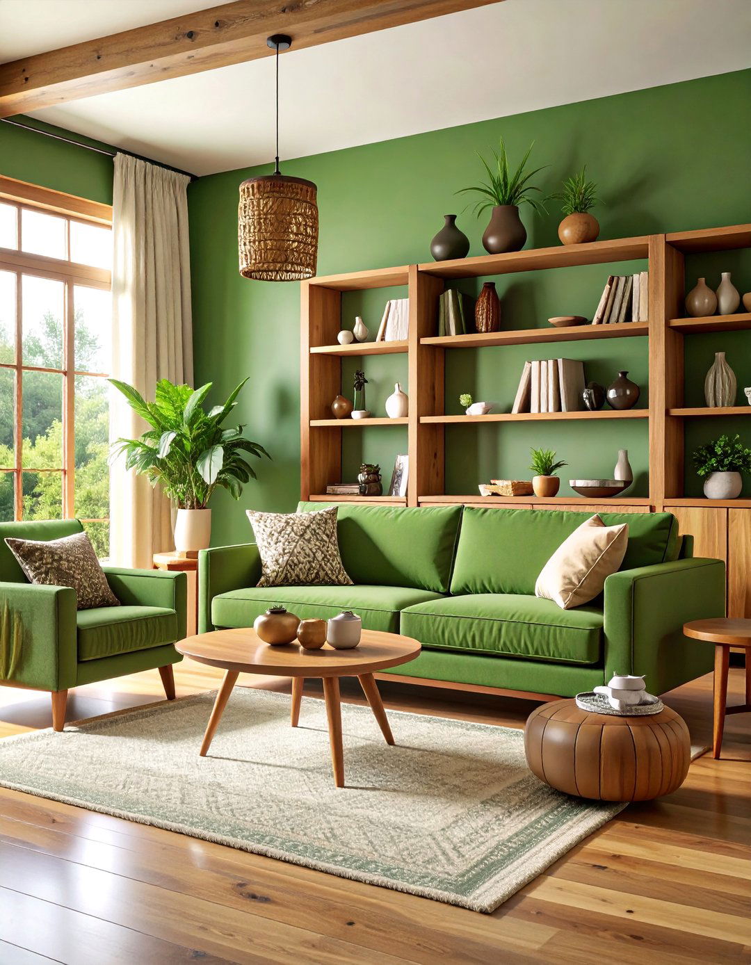 Craftsman Living Room with Olive Green Built in Shelving - 25 Olive Green Accent Wall Ideas