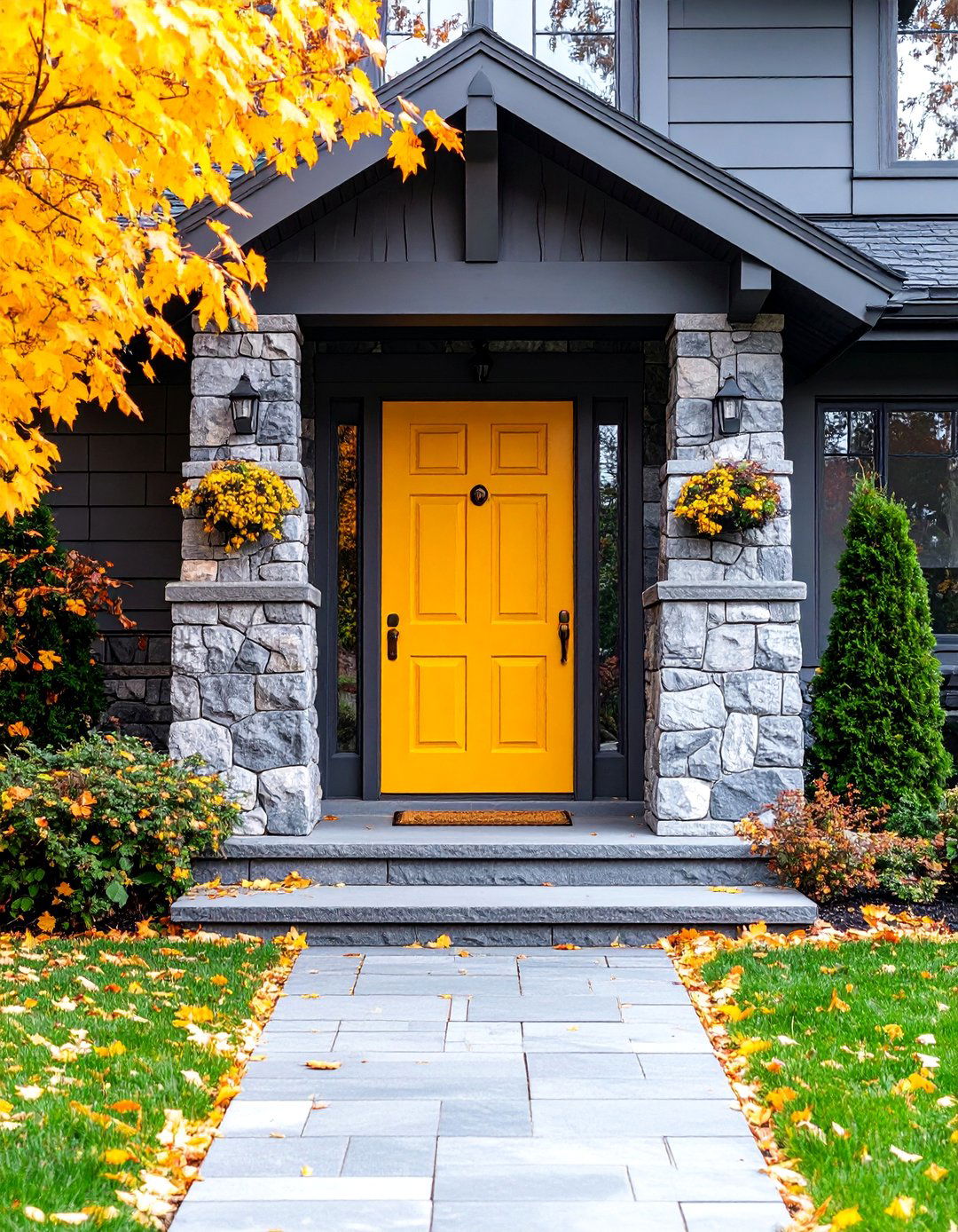 Craftsman Mustard Door with Natural Stone Accents - 25 Mustard Yellow Front Door Ideas