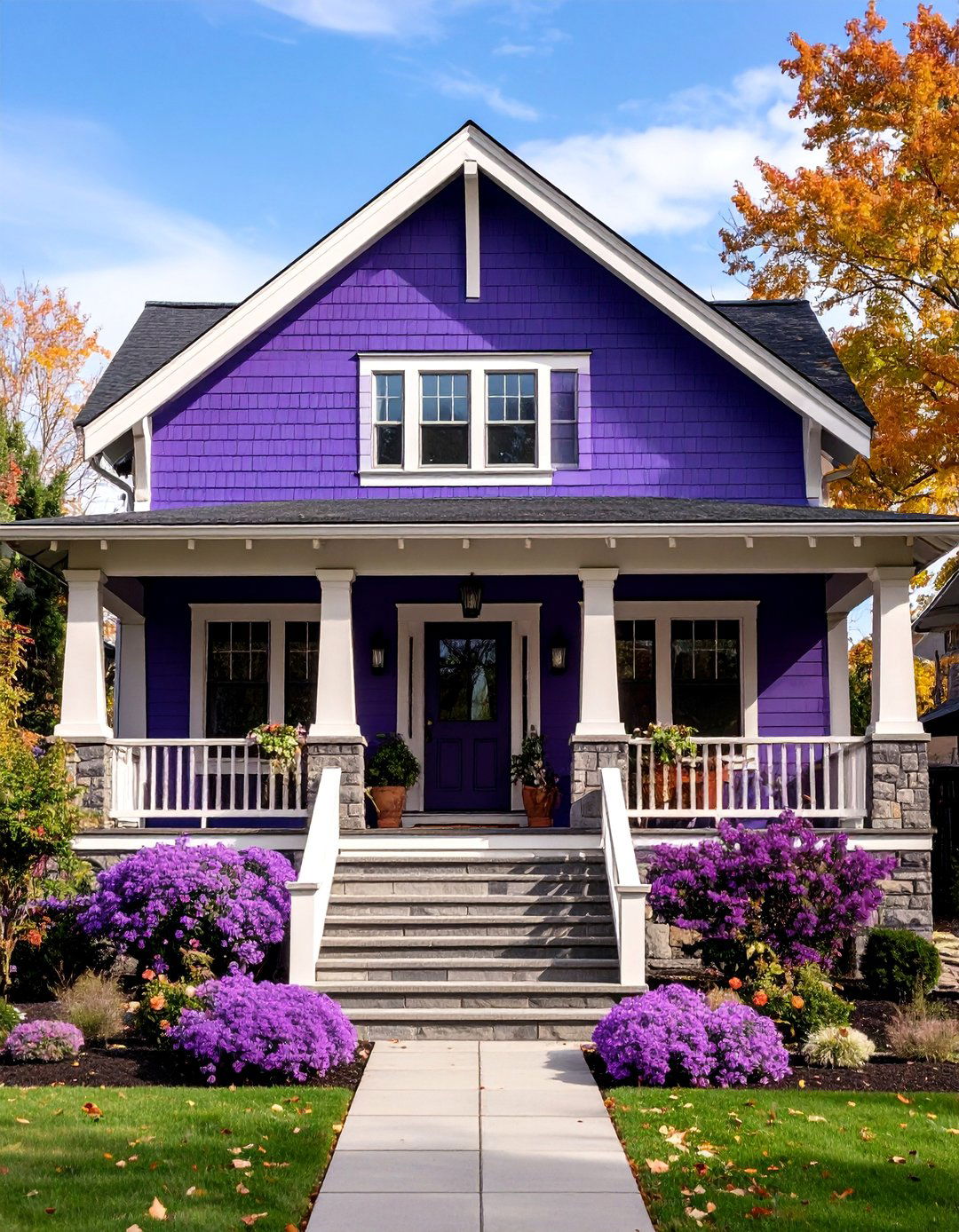 Craftsman Purple Bungalow with Natural Wood Accents - 25 Purple House Exterior Ideas