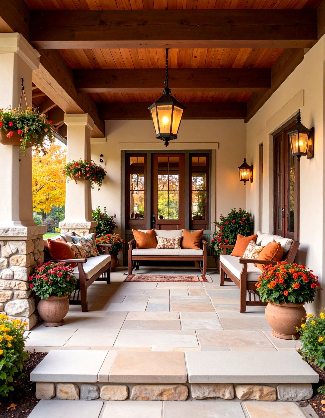 Craftsman Stone Porch with Built in Seating - 25 Stone Porch Ideas