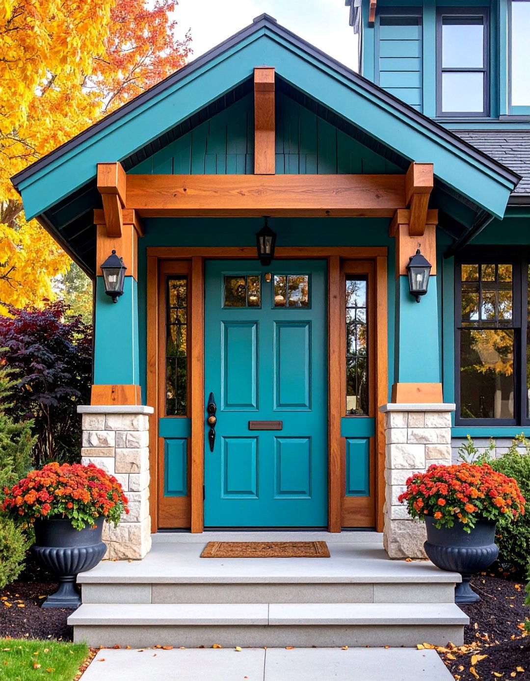 Craftsman Style Turquoise Door with Natural Wood Trim - 25 Turquoise Front Door Ideas