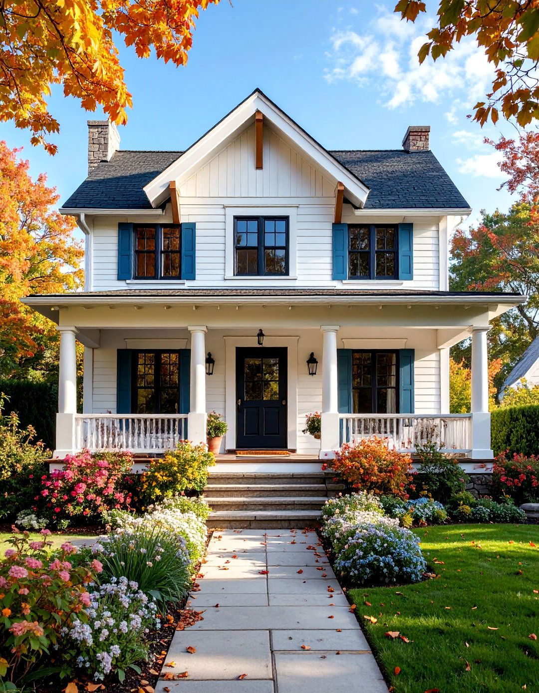 Craftsman Style White House with Black Mission Door - 25 White House Ideas With Black Doors