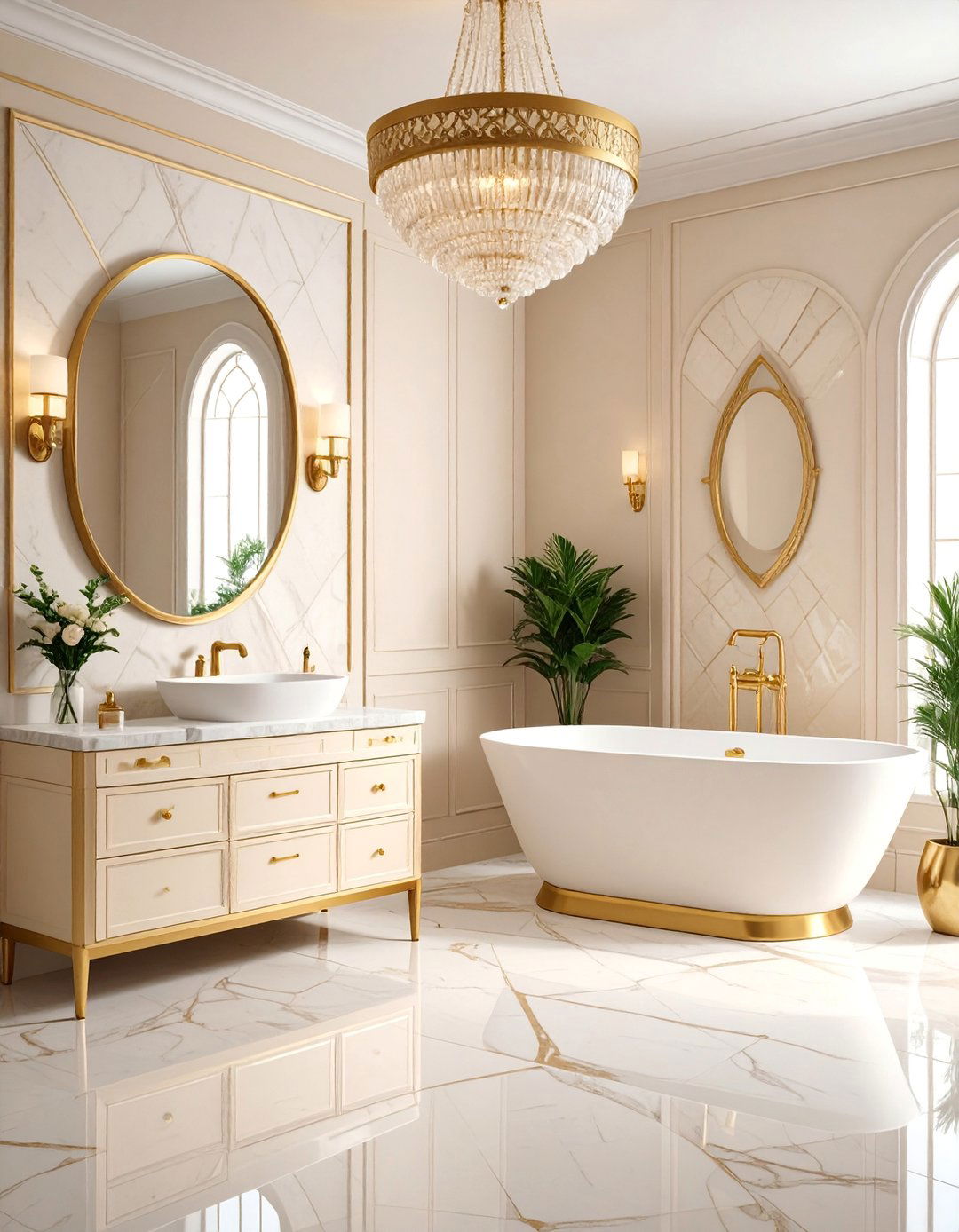 Cream Art Deco Bathroom with Gold Accents - 25 Neutral Bathroom Ideas