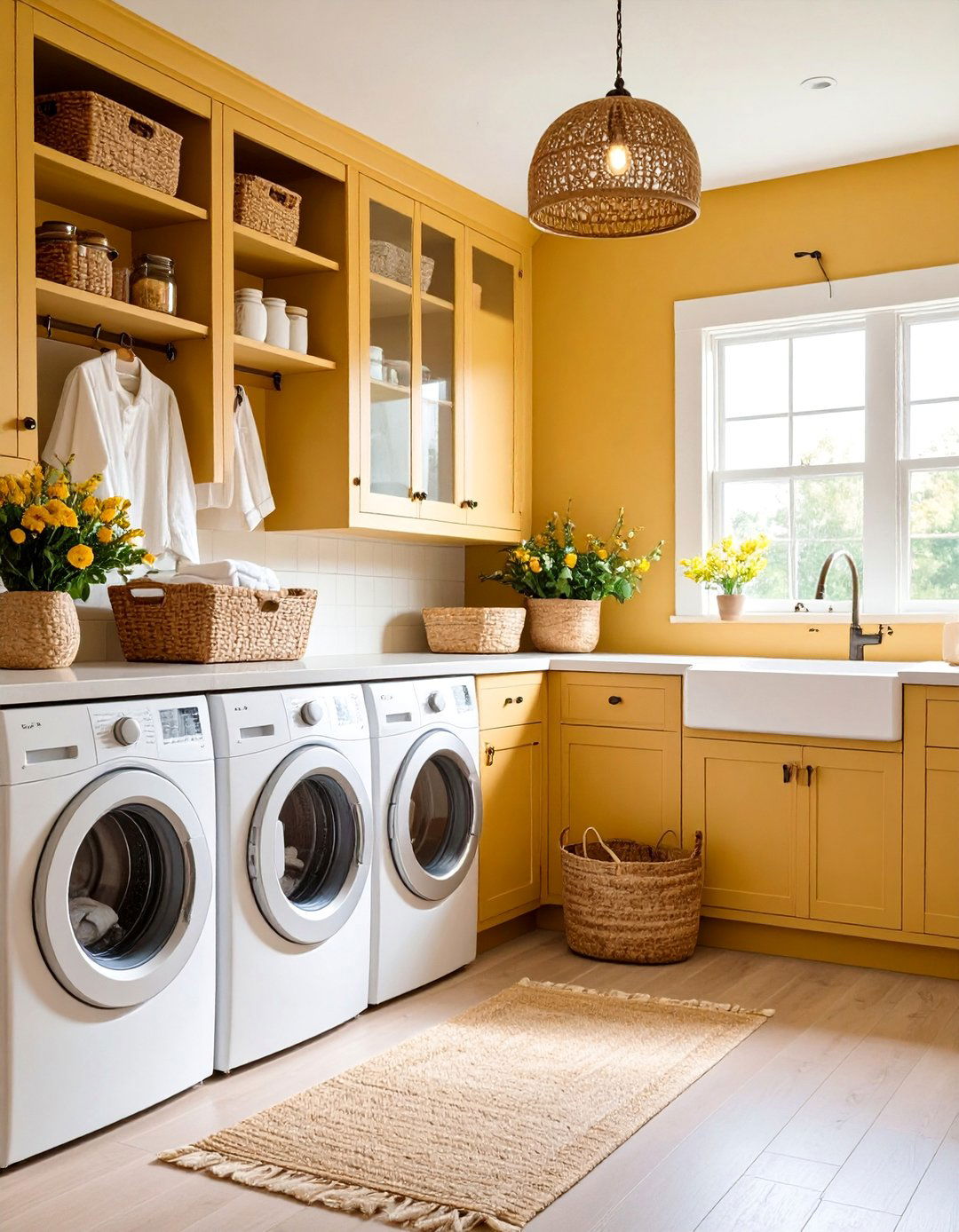 Cream Laundry Room with Natural Wood Cabinetry - 25 Laundry Room Paint Ideas