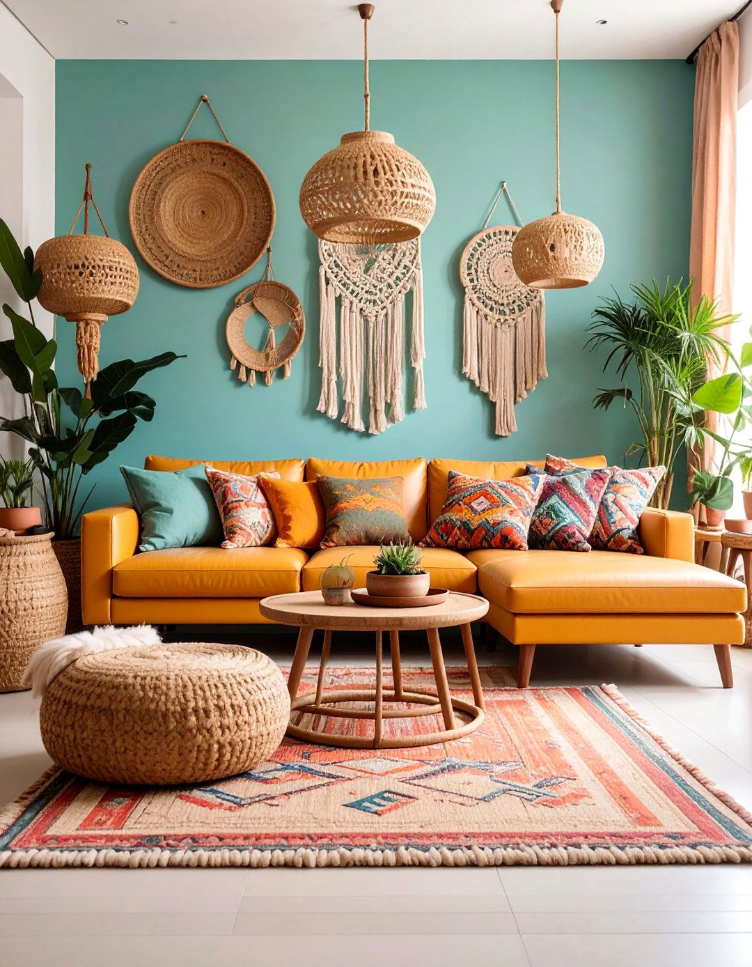 Cream Leather Living Room with Woven Accents - 25 Neutral Boho Living Room Ideas