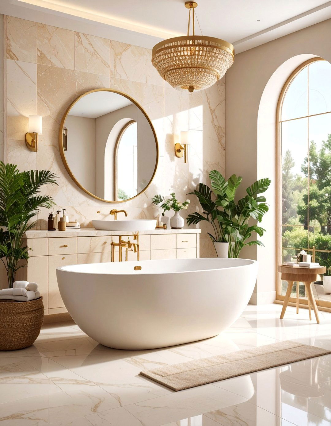 Cream Limestone Bathroom with Brass Hardware - 25 Neutral Bathroom Ideas