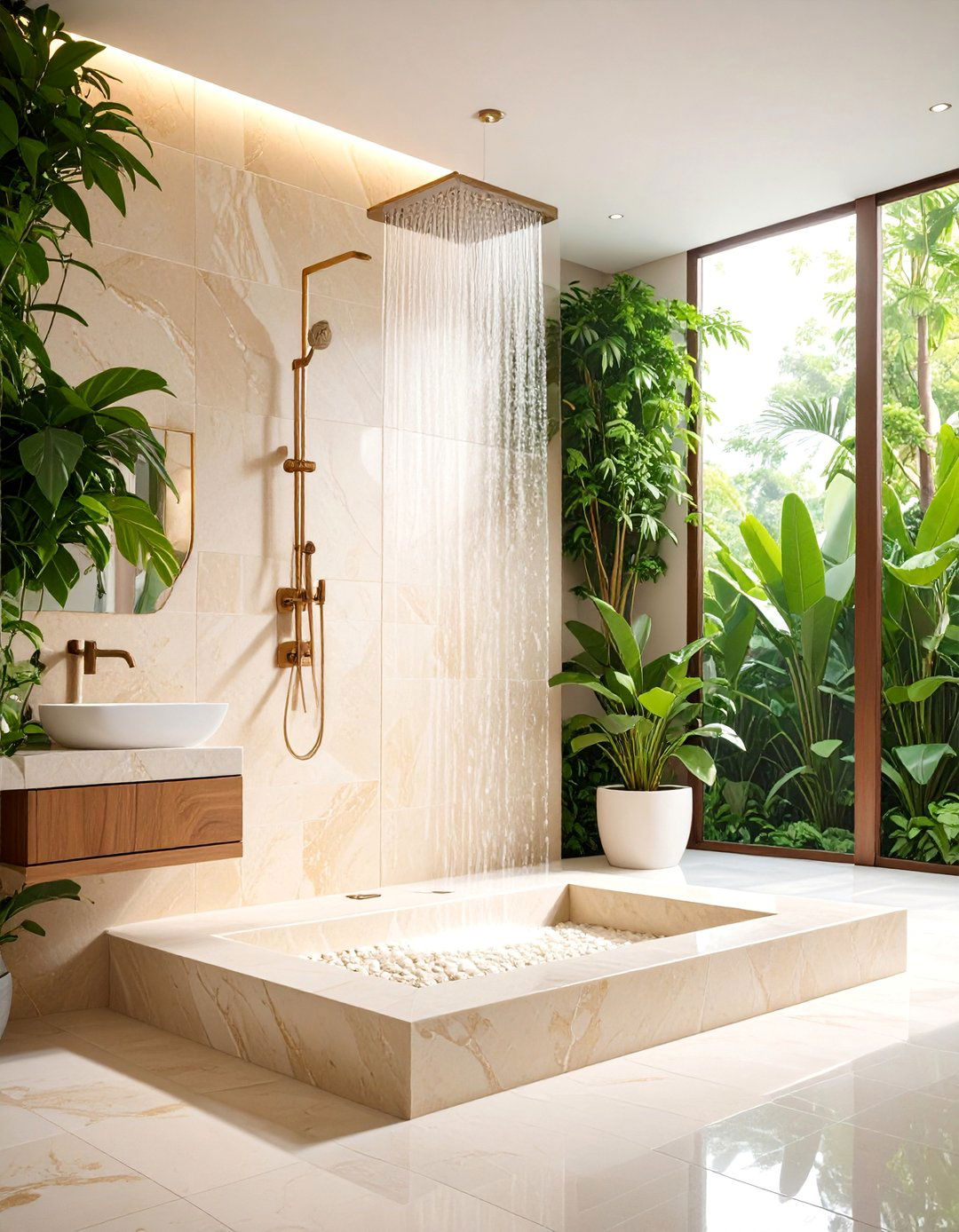 Cream Limestone Shower with Floating Bench Design - 25 Stone Shower Design Ideas