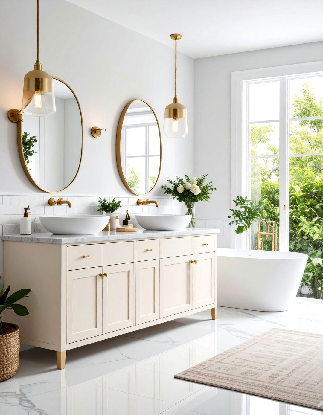 Cream Transitional Design with Brushed Gold Hardware - 25 Bathroom Cabinet Color Ideas
