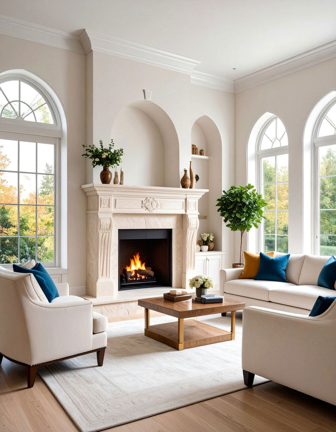 Cream Travertine Fireplace with Arched Built Ins - 25 Floor to Ceiling Stone Fireplace Ideas