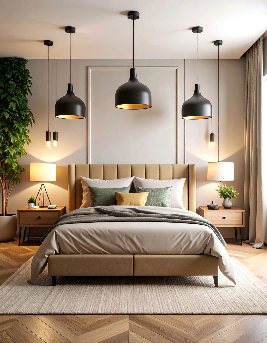 Cream and Black Lighting Focused Bedroom - 25 Cream and Black Bedroom Ideas