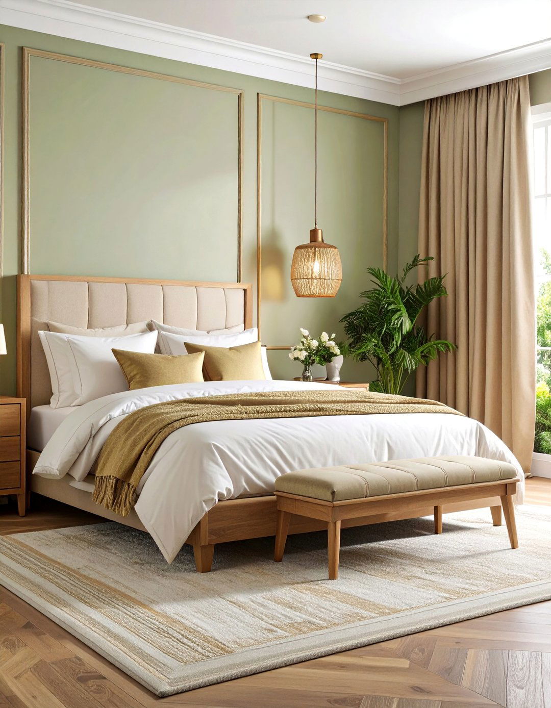 Cream and Gold Bedroom with Grasscloth Wallpaper - 25 Bedroom Accent Wall Ideas