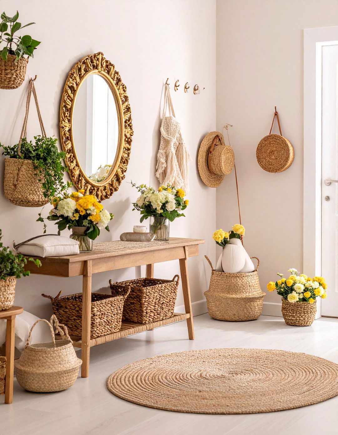 Cream and Gold Cottage Entryway with Storage Solutions - 25 Boho Cottage Style Decor Ideas
