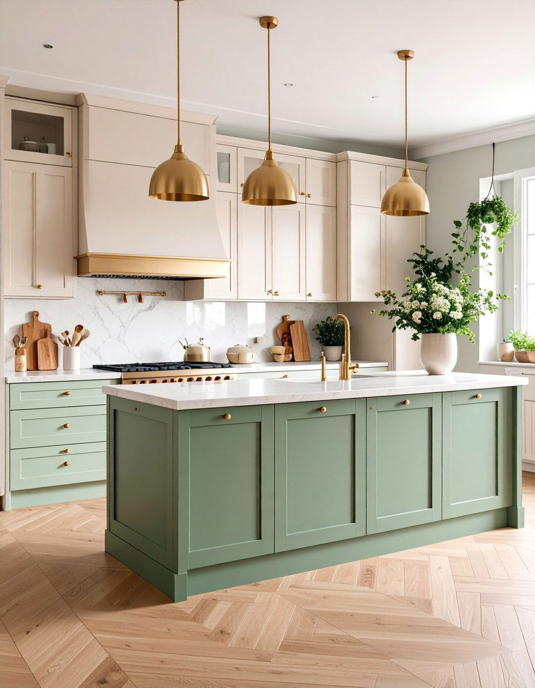 Cream and Sage Two Tone Kitchen with Natural Elements - 25 Kitchen With Colored Appliances Ideas