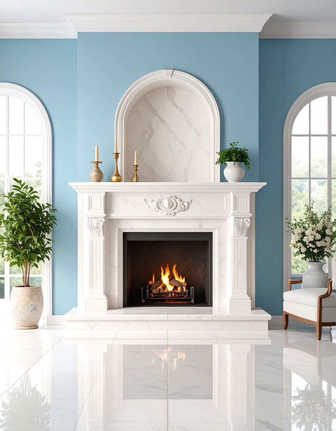Crema Marfil Marble Fireplace with Mediterranean Styling - 25 Marble Fireplace Ideas