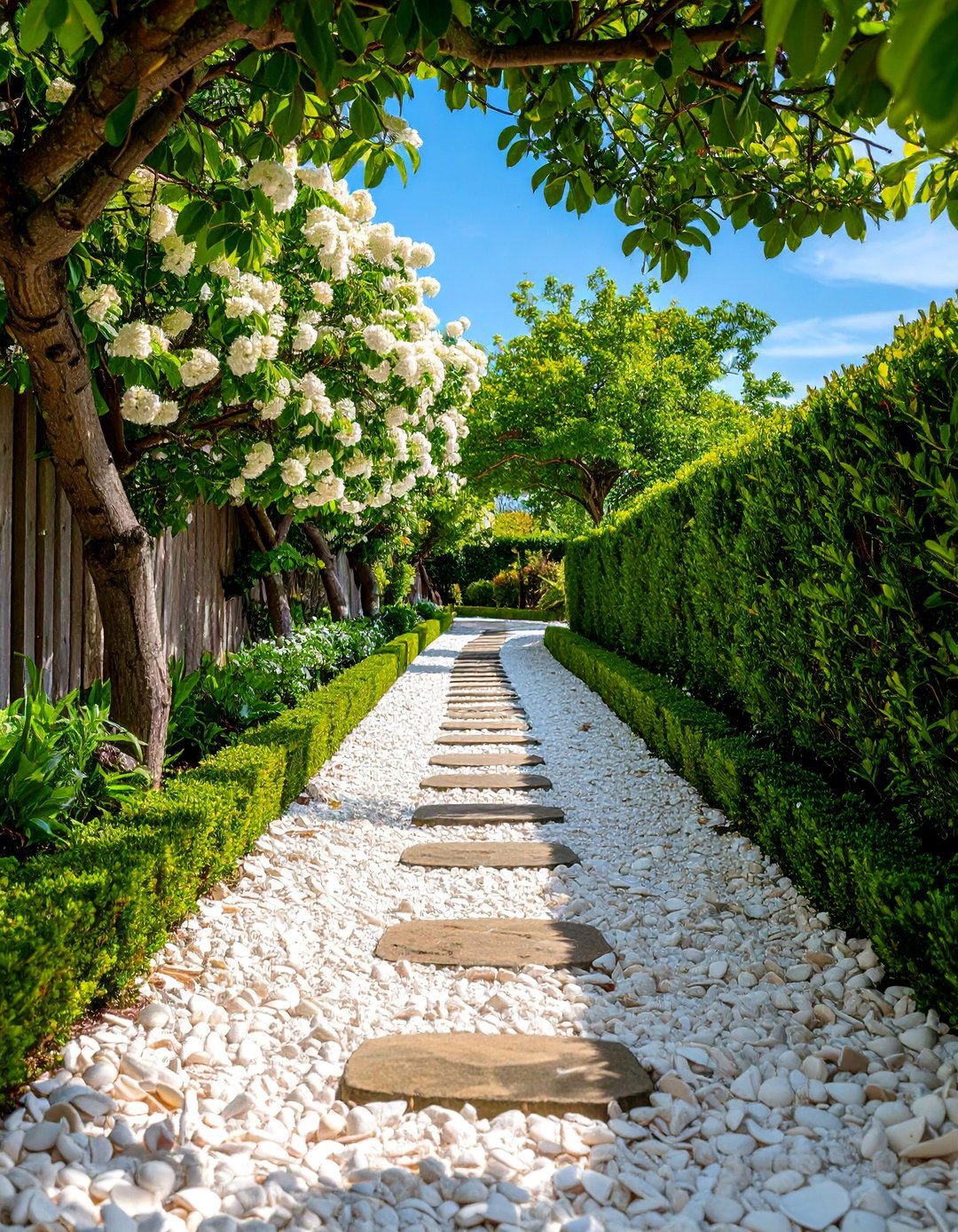Crushed Oyster Shell Path with Boxwood Borders - 25 Farmhouse Walkway Ideas