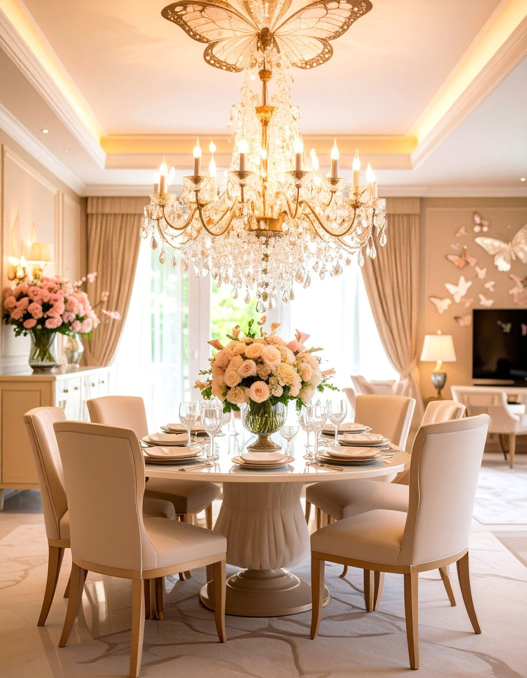 Crystal Butterfly Dining Room with Dramatic Lighting - 25 Butterfly-themed Room Ideas