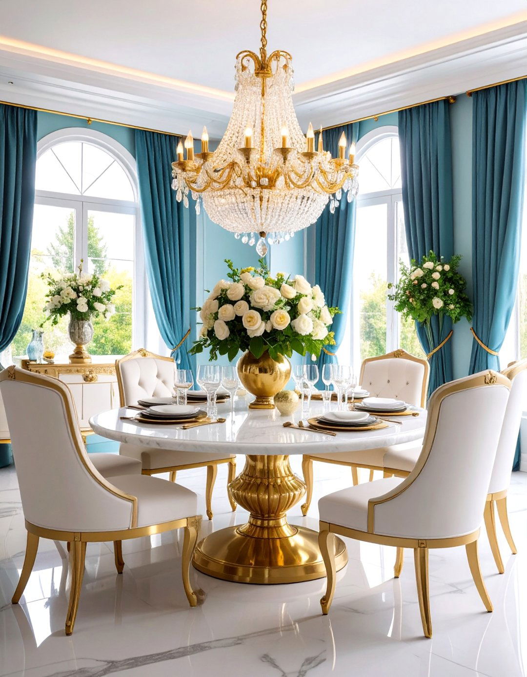 Crystal Chandelier Elegance with Marble Surfaces - 25 Luxury Dining Room Ideas